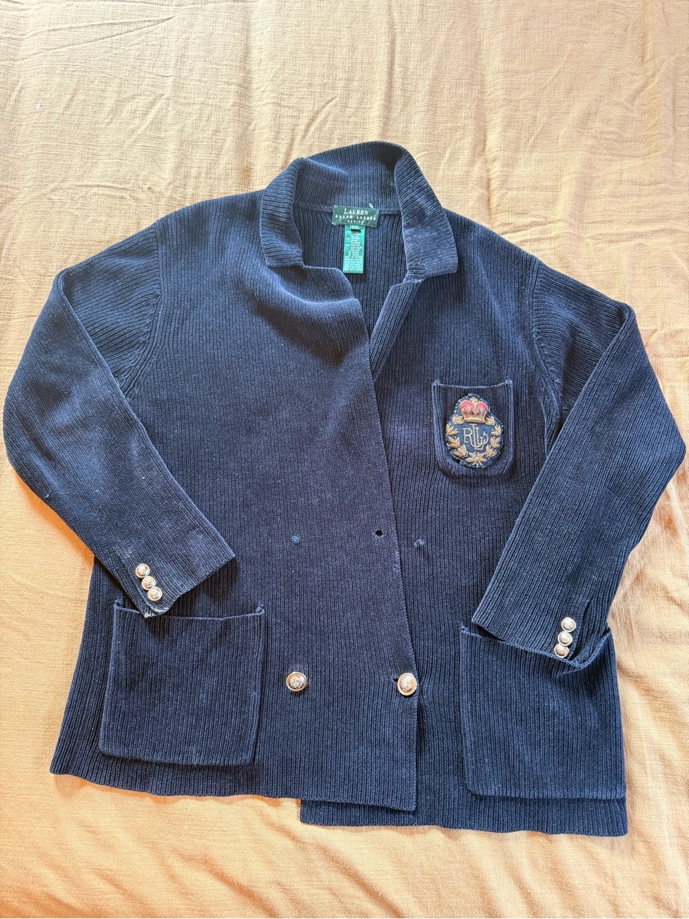 Ralph Lauren Navy Blue Knit Cardigan with Embroidered Crest
